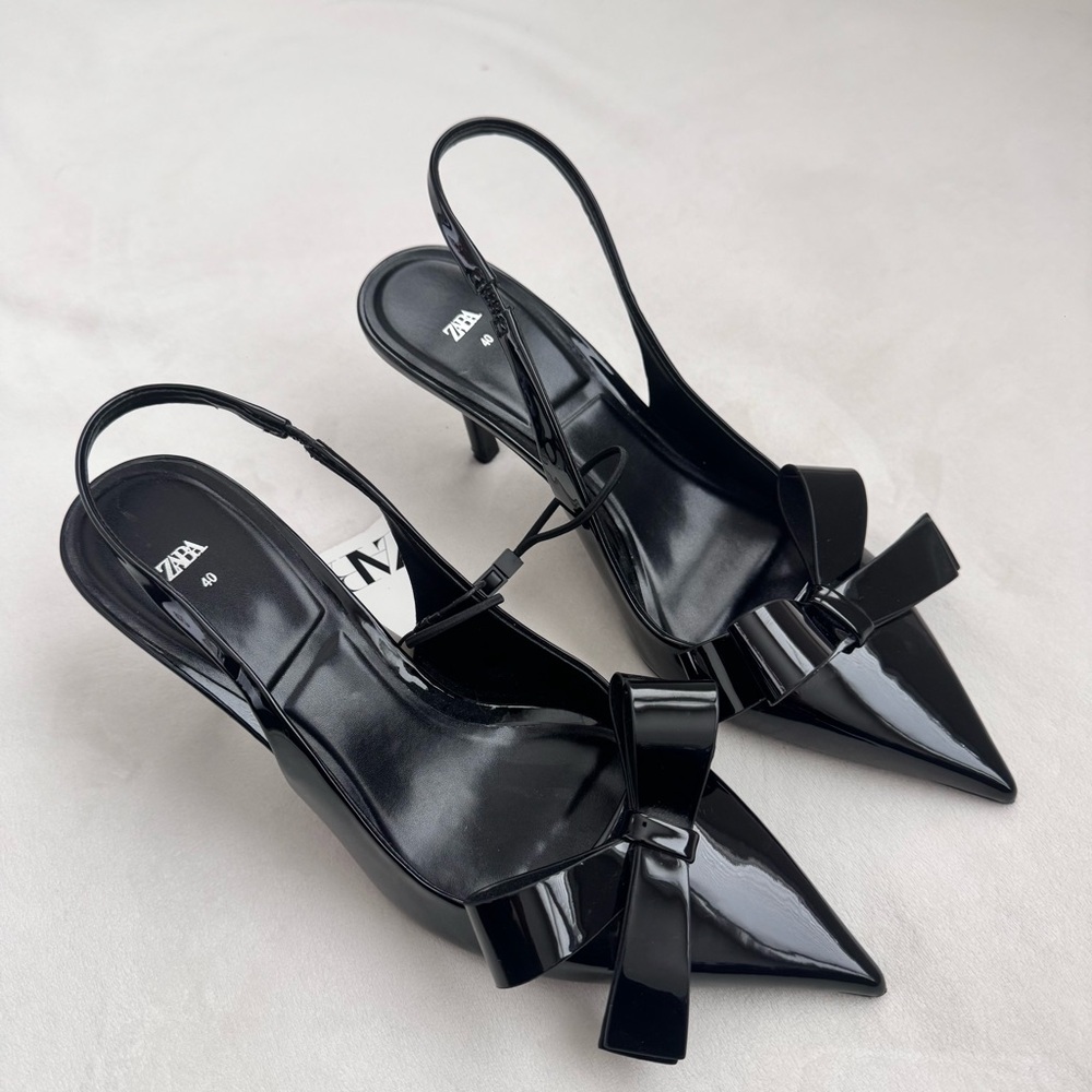 Zara Black Patent Slingback Heels with Bow